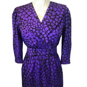 Vintage 80's Maggy London Jeannene Booher purple black wrap front Dress small P